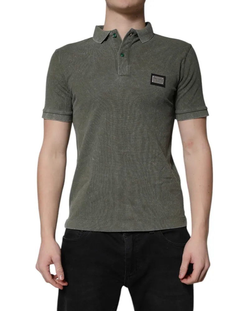 Dolce & Gabbana Men's Army Green Logo Plaque Cotton Polo Shirt T-Shirt Green