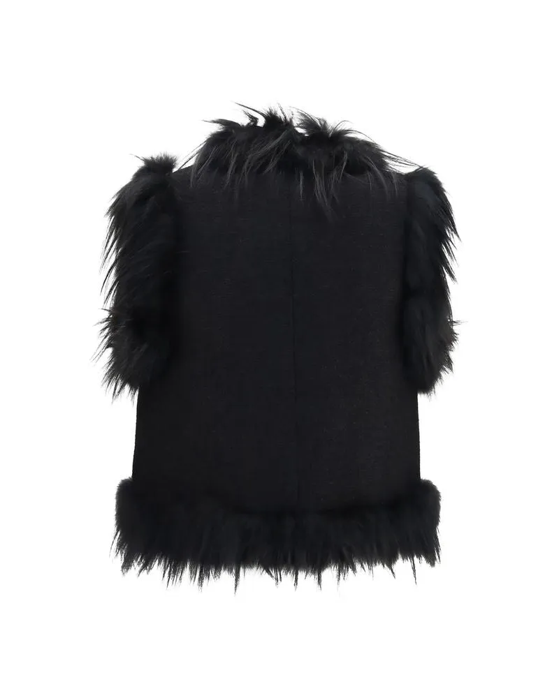 Fendi Bouclé Wool and Fox Fur Sleeveless Jacket — Black Black