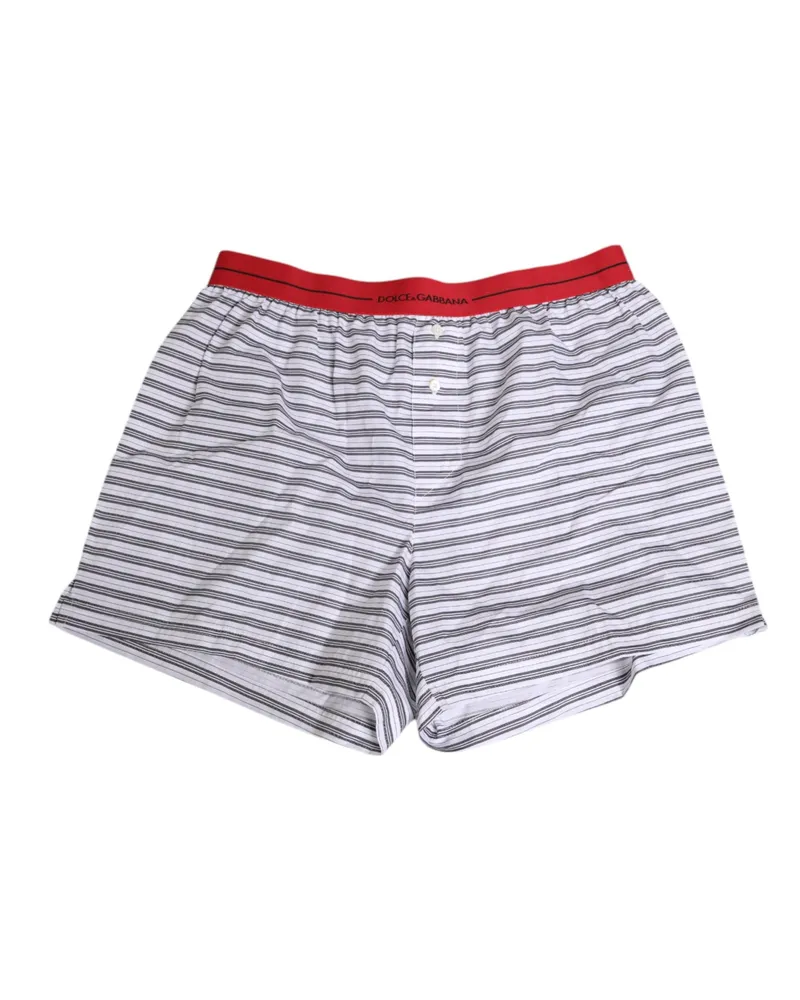 Dolce & Gabbana Men White Striped Cotton Red Waistband Shorts Swimwear White