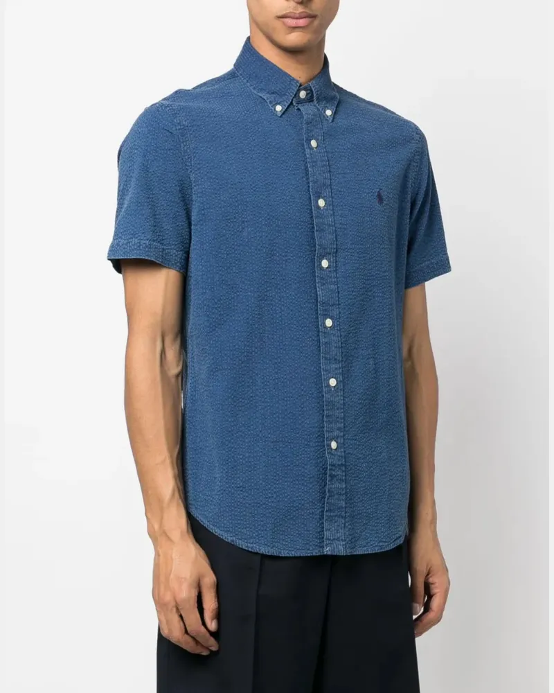 Ralph Lauren Men Seersucker Logo Short Sleeve Shirt Blue Clothing > Polo & T-Shirts Blue
