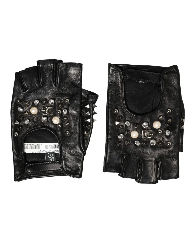 Dolce & Gabbana Black Embellished Wrist Length Mitten Women Gloves Genuine Leather Black