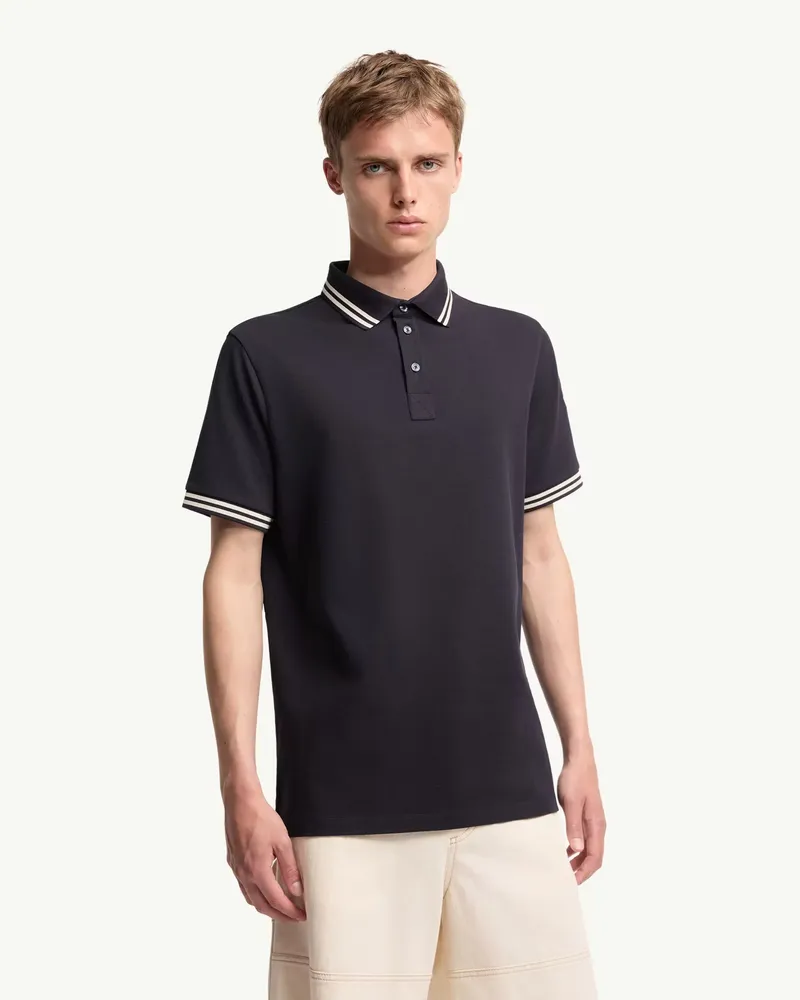 Moncler Striped-Trim Piqué Polo — Black Black