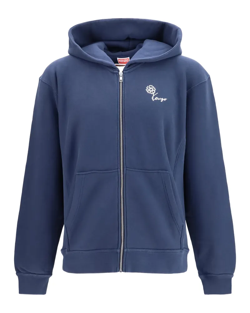 Kenzo Men Zip-Up Hoodie Tulip Blue-Black Cotton Sweatshirts Blue/black Sweater Navy