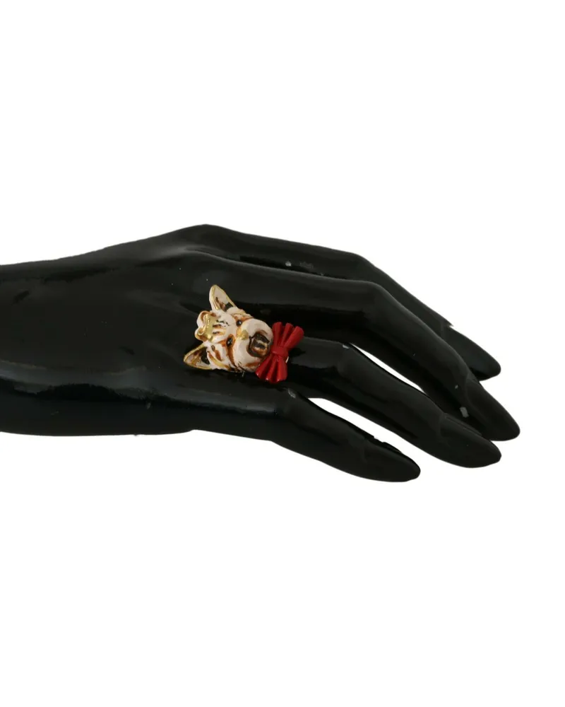 Dolce & Gabbana Women's Gold Brass Resin Beige Dog Pet Branded Accessory Ring Gold