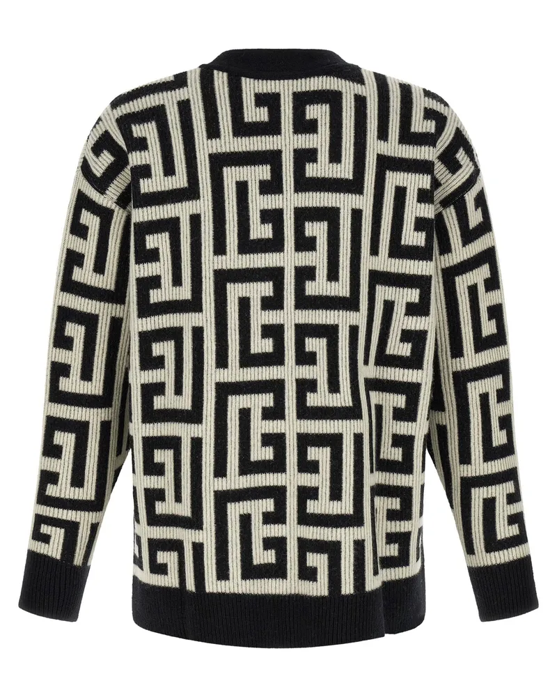 Balmain Monogram Macro Labyrinth-Print Cardigan — Black Black