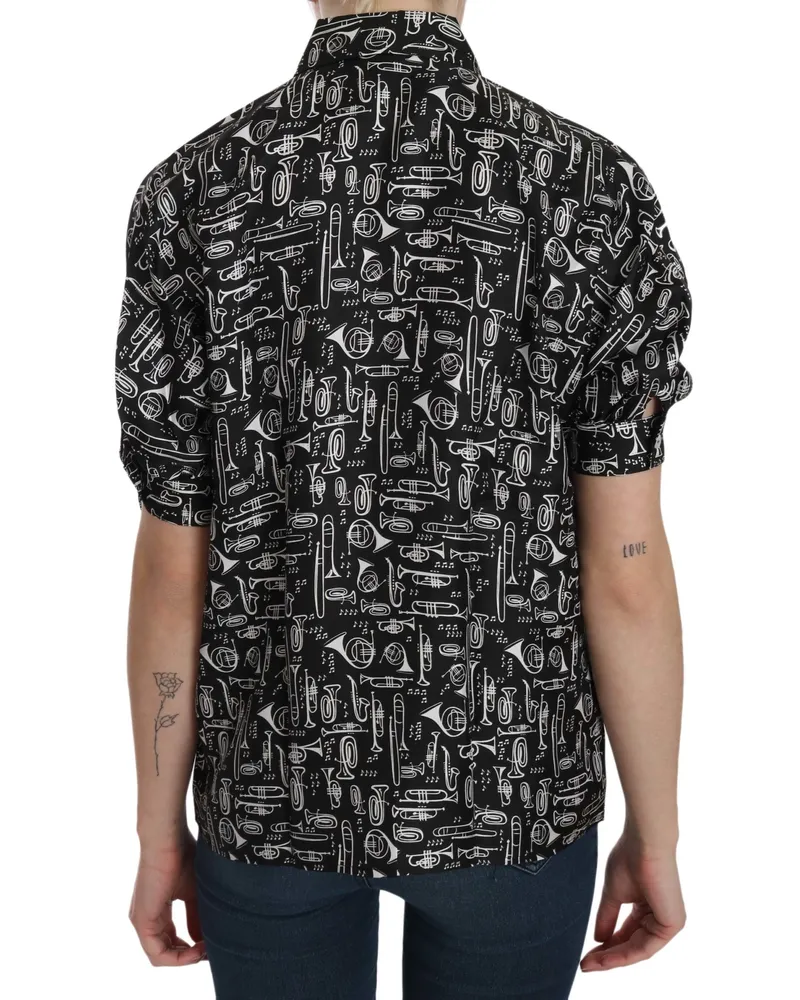 Dolce & Gabbana Women Black Musical Instrument Collared Blouse Shirt Silk Black