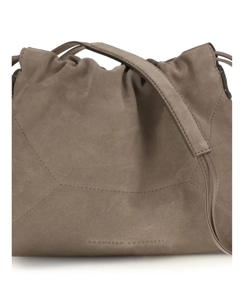 Brunello Cucinelli Women's Suede Pouch Shore Calf Leather Bos Taurus Shoulder Bags Gray