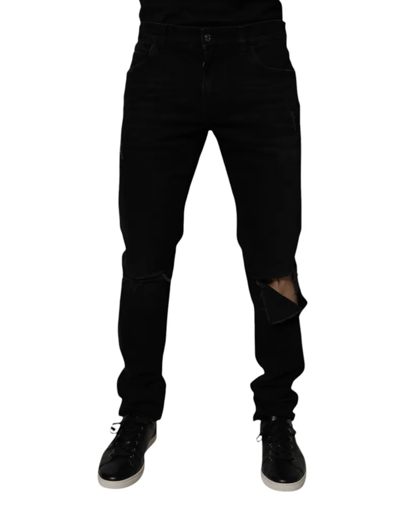 Dolce & Gabbana Black Cotton Tattered Skinny Men Denim Jeans Elastane Clothing Black