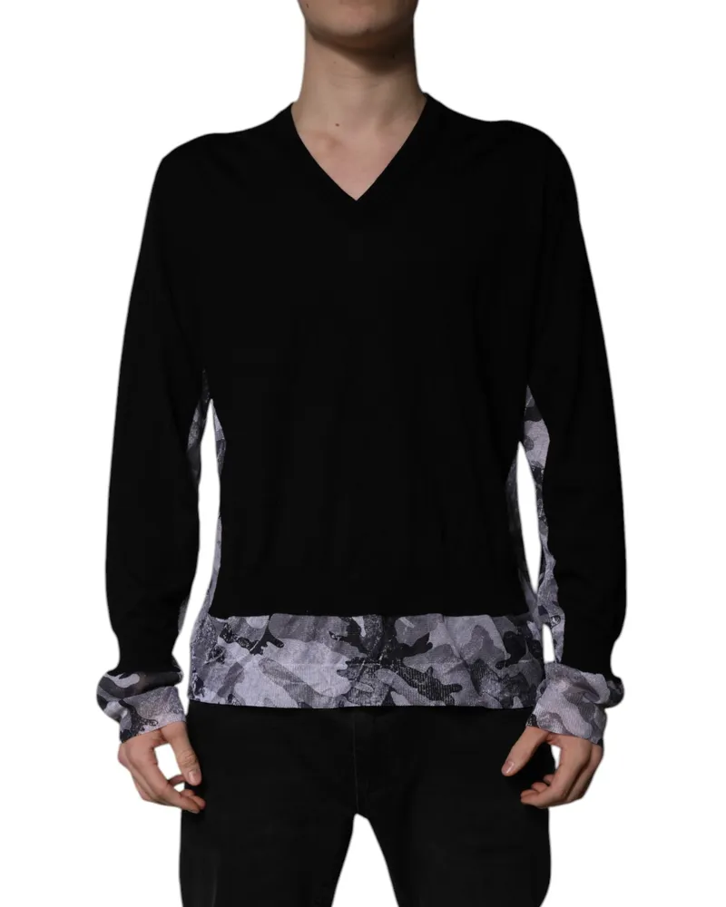 Dolce & Gabbana Men's Black Camouflage V-Neck Pullover Sweater Virgin Wool Clothing Black