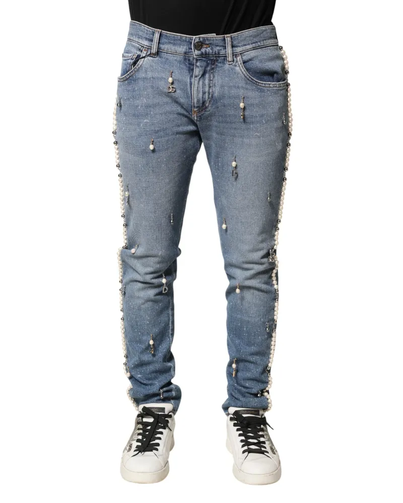 Dolce & Gabbana Men Blue Embellished Cotton Skinny Denim Jeans Co+02 Clothing Blue