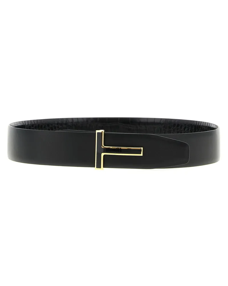 Tom Ford Reversible Crocodile-Effect Leather Belt — Black Black