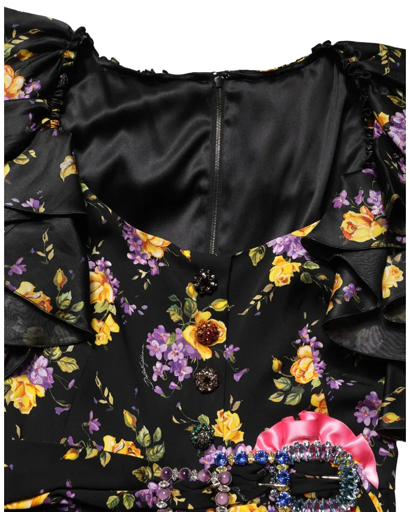 Dolce & Gabbana Women's Black Purple Crystal Brooch Silk Midi Dress And Elastane Black