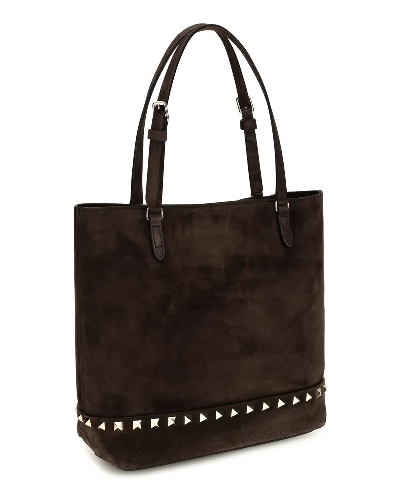 Valentino Garavani Women's Small Rockstud Suede Tote Bag Ebony Brown Calf Leather Bos Taurus Shoulder Brown