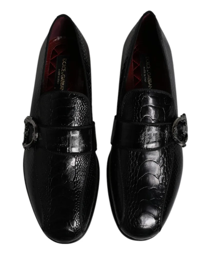 Dolce & Gabbana Men's Black Exotic Leather Dg Logo Loafers Formal Dress Shoes Ostrich Ayers Eel Black