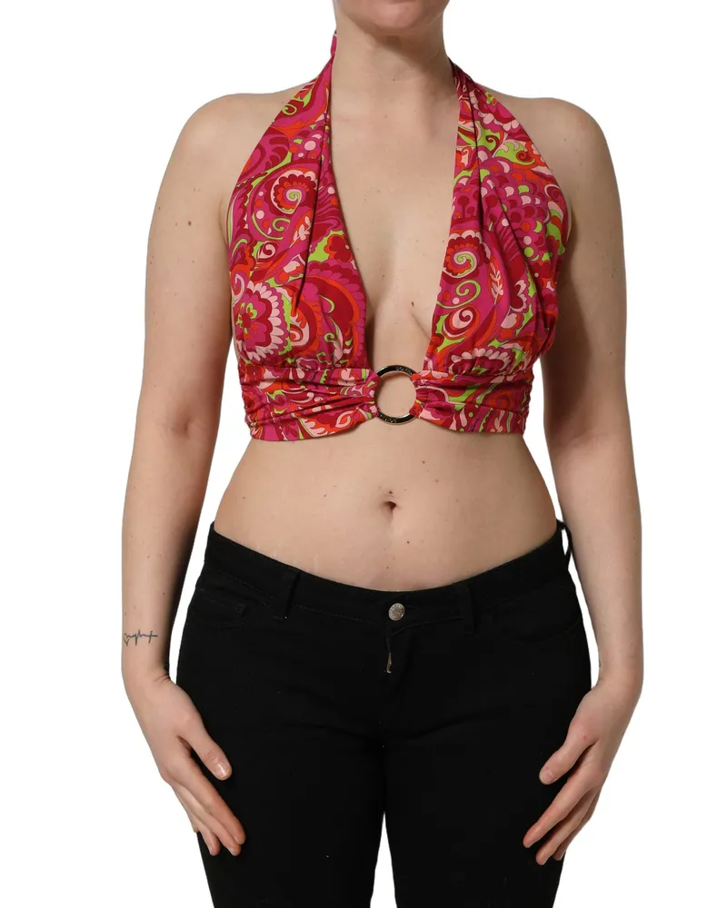 Dolce & Gabbana Women's Red Paisley Silk Halter Neck Crop Tank Top Elastane Red