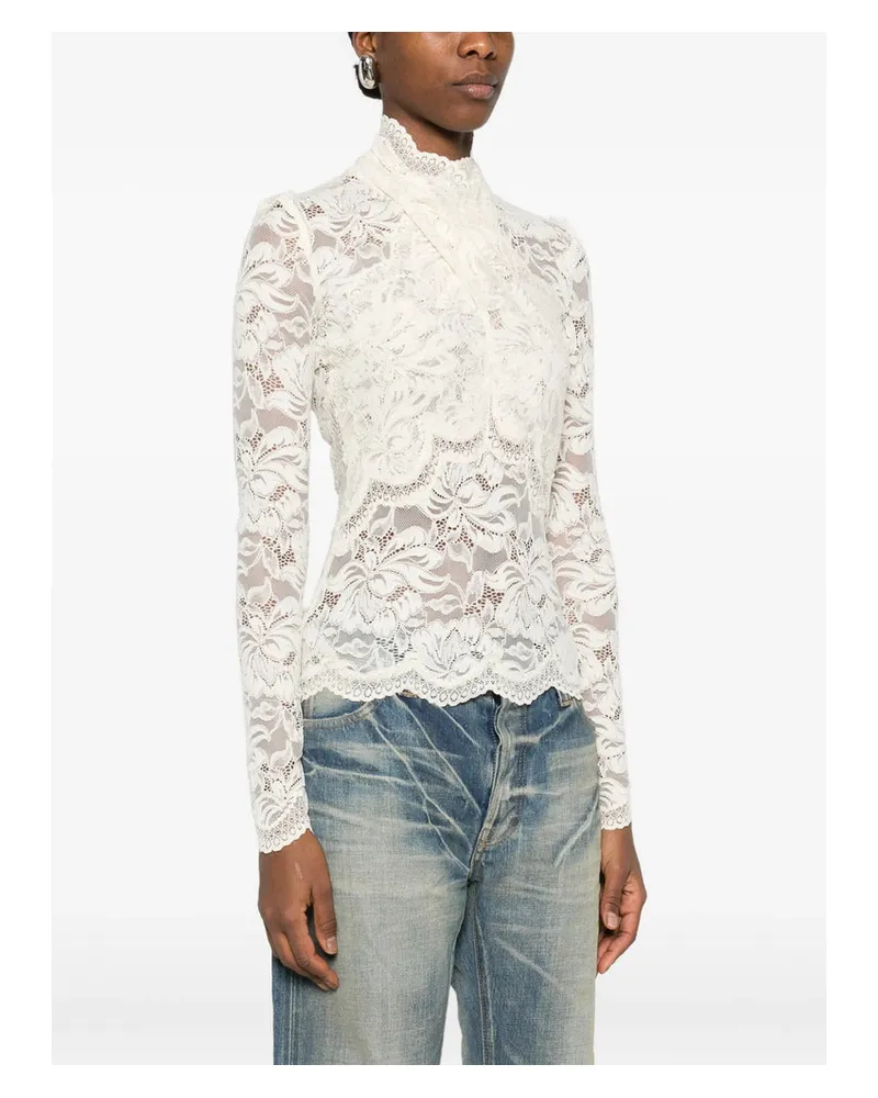 Paco Rabanne Lace High-Neck Blouse — Beige Beige