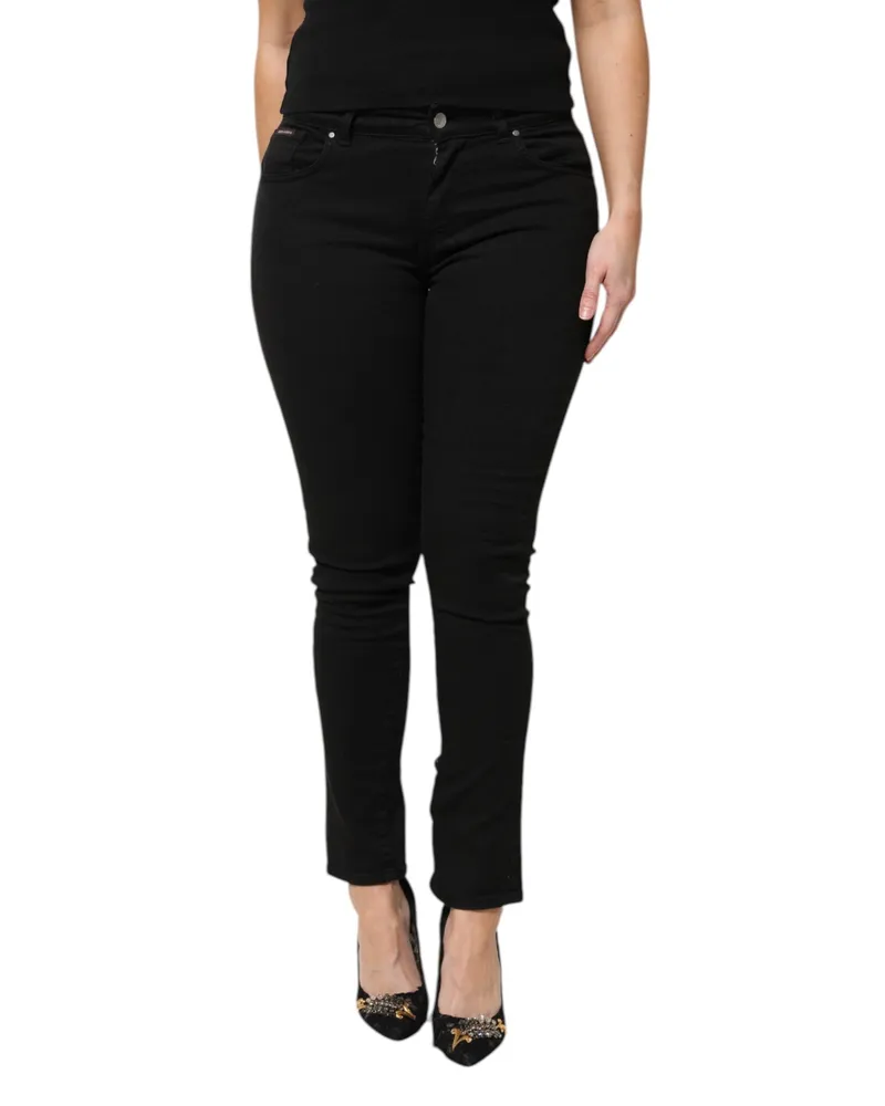 Dolce & Gabbana Women's Black Cotton Logo Mid Waist Skinny Denim Jeans Elastane Clothing Black