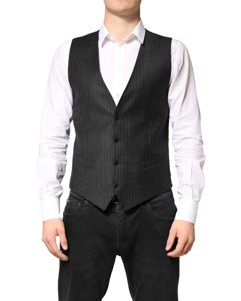 Dolce & Gabbana Black Stripes Wool Dress Men Waistcoat Vest Virgin Black