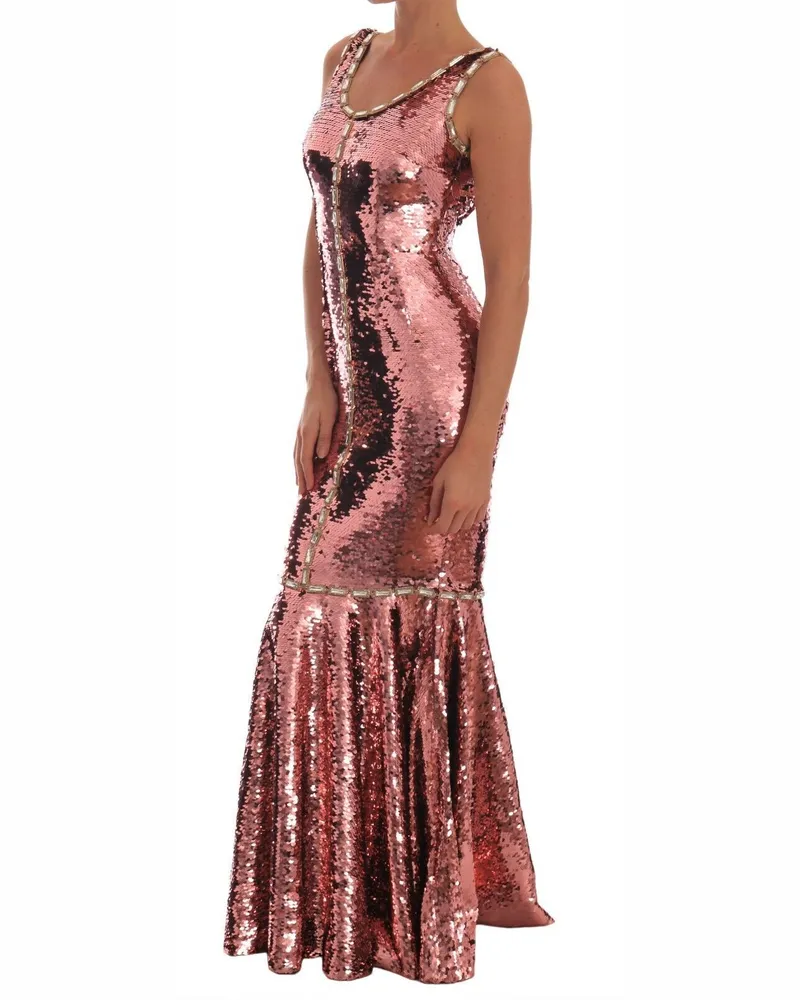 Dolce & Gabbana Women Pink Sequined Sheath Crystal Dress Gown Polyester Pink