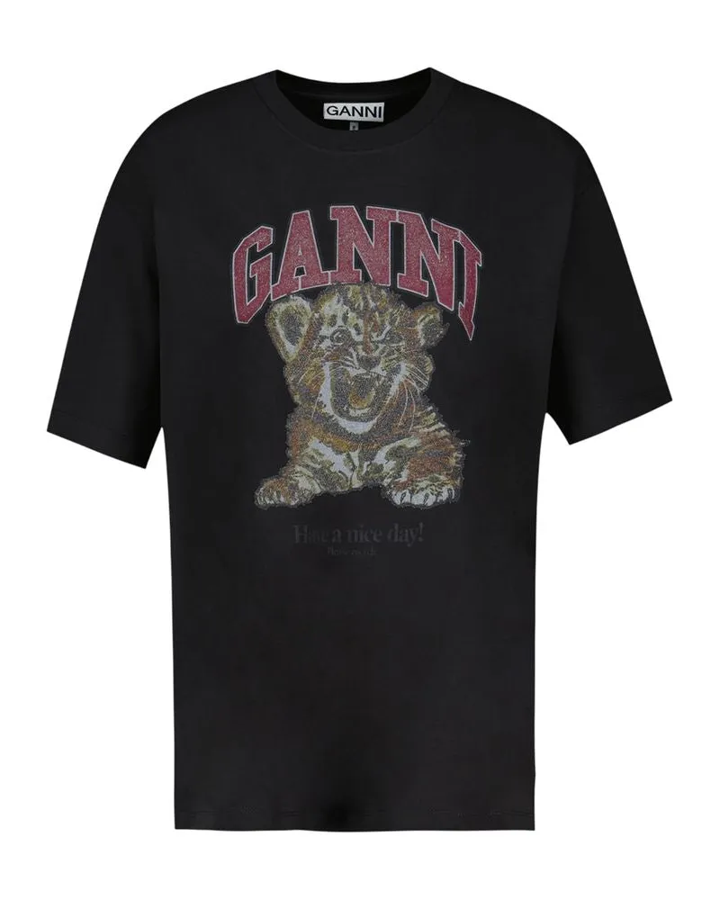 Ganni Women Heavy Cotton Jersey Tiger Caviar T-Shirt -  Black Ready-To-Wear T-Shirts Black