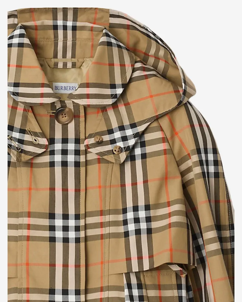 Burberry Boys' Hooded Checked Cotton Trench Coat Jacket Beige