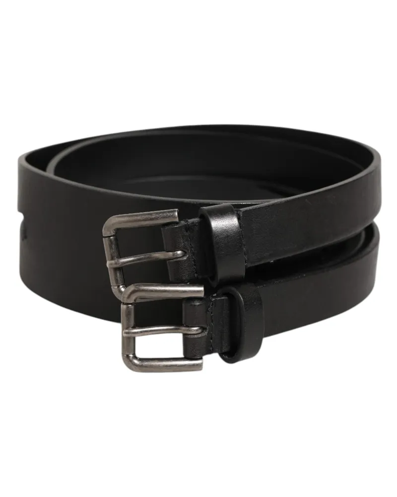 Dolce & Gabbana Men's Black Double Strap Leather Silver Buckle Belt 100lf Black