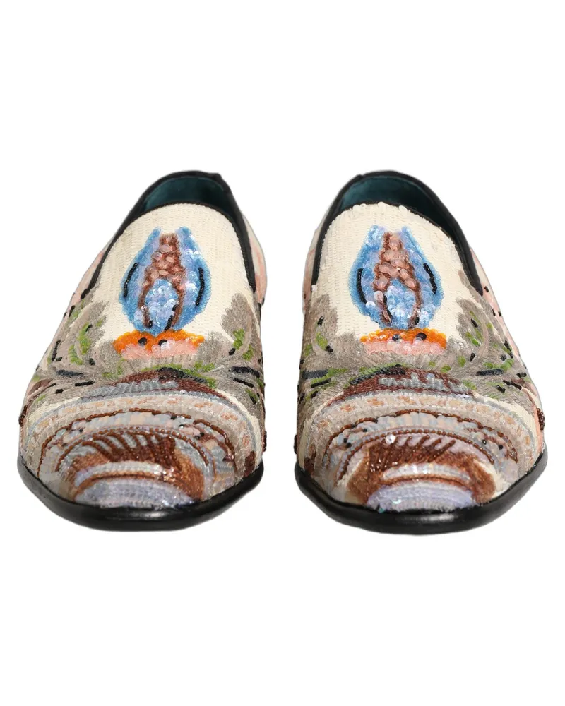 Dolce & Gabbana Men's Multicolor Sequin Embroidered Loafers Shoes Leather Multicolor