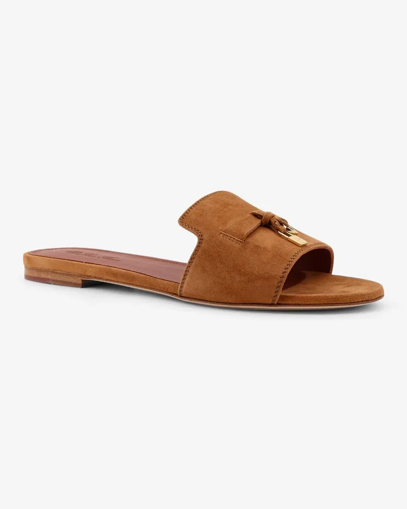 Loro Piana Women's Flat Suede Sandals Summer Charms Brown Brown