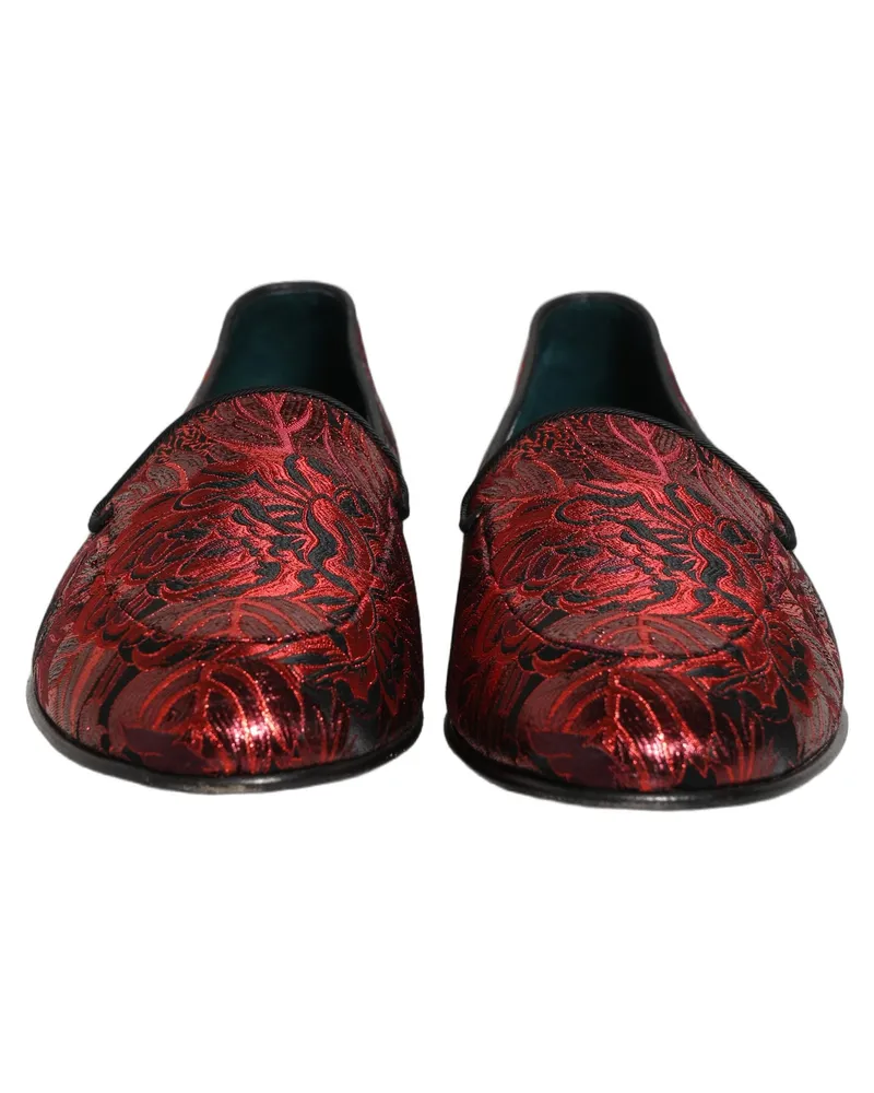 Dolce & Gabbana Men's Red Floral Jacquard Slip On Loafers Shoes Leather Red