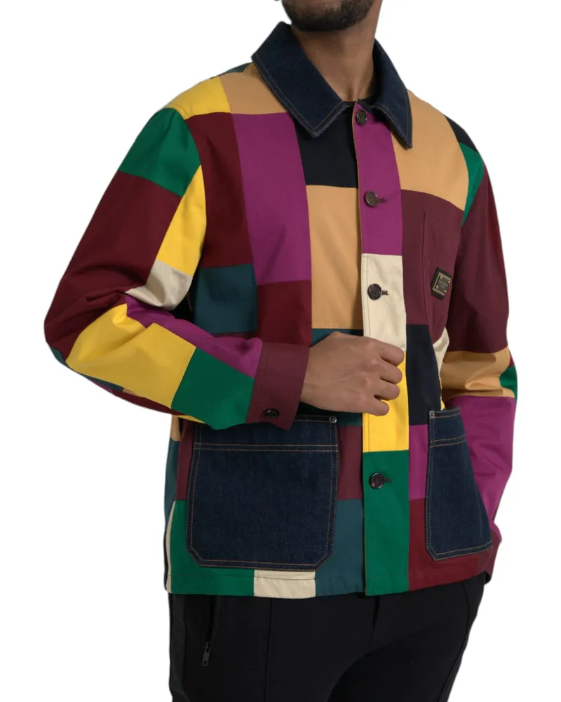 Dolce & Gabbana Men's Multicolor Patchwork Cotton Collared Jacket Elastane Clothing Multicolor