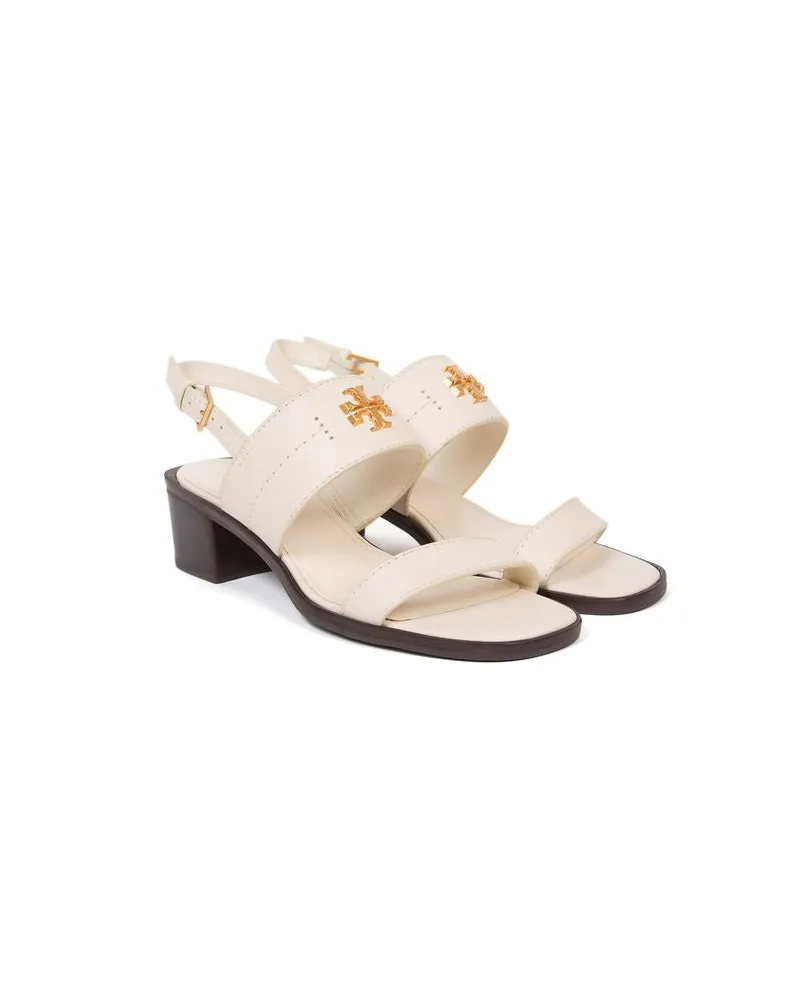 Tory Burch Women's Mid Heel Sandals New Ivory-Gold Leather Footwear Rubber High-heels Cream