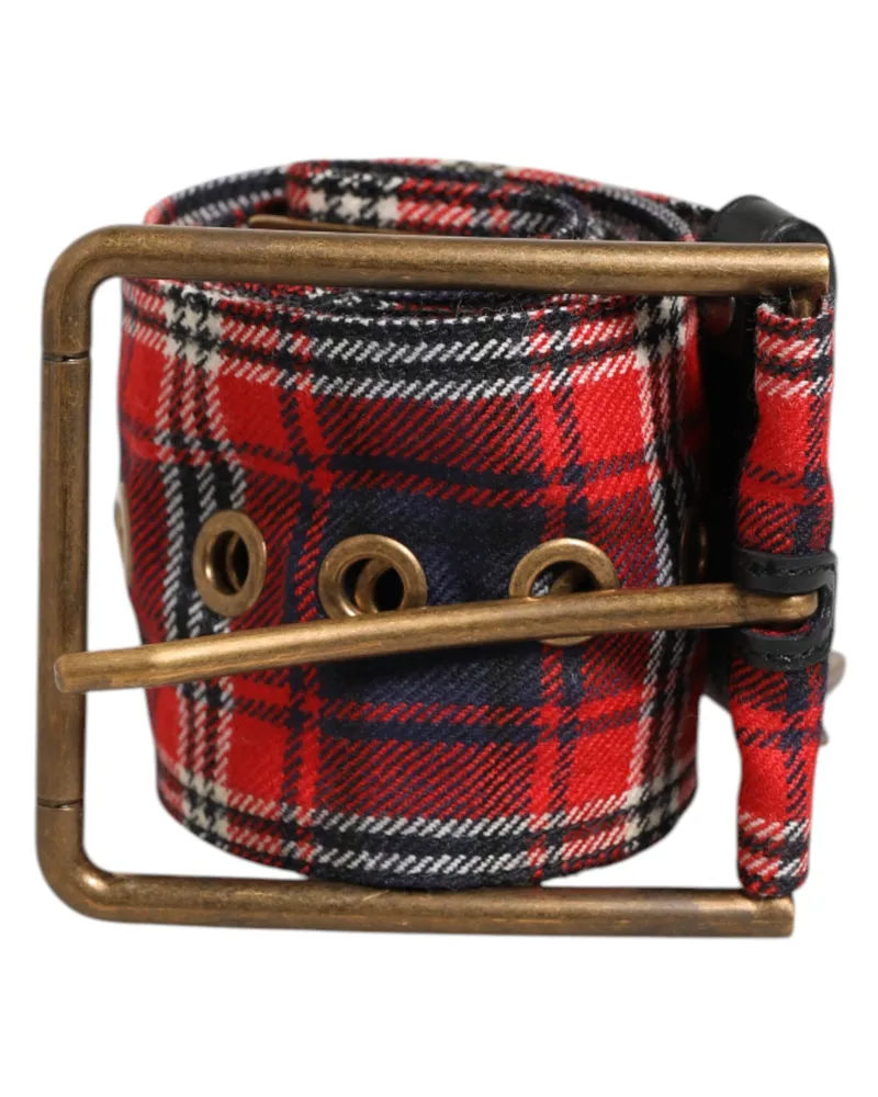 Dolce & Gabbana Men's Red Plaid Fabric Logo Plate Brass Buckle Belt 100lf Red