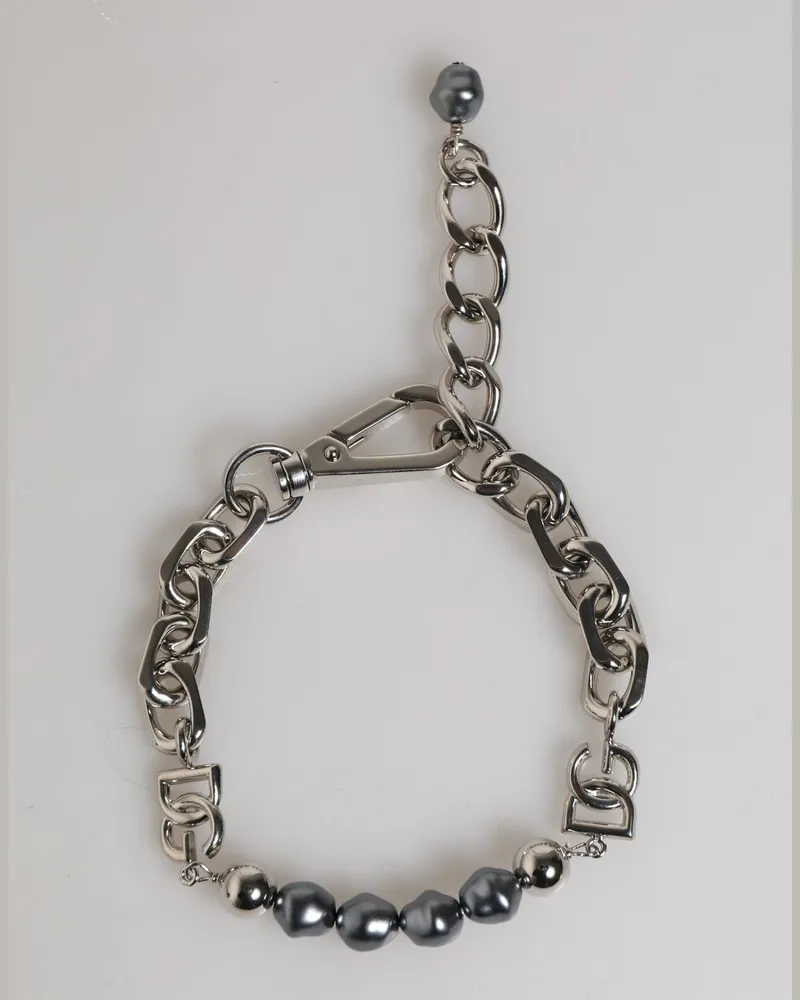 Dolce & Gabbana Women's Silver Tone Chain Lobster Clasp Logo Gray Pearls Bracelet Silver-Tone Metal Silver