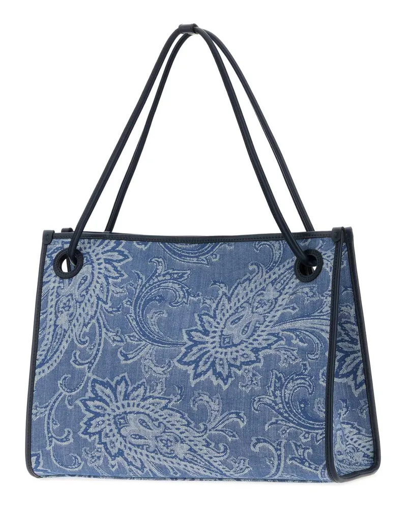 Etro Women's Embroidered Denim Medium Eyes Shopping Bag Fantasiaazzurro Borse A Mano Blue