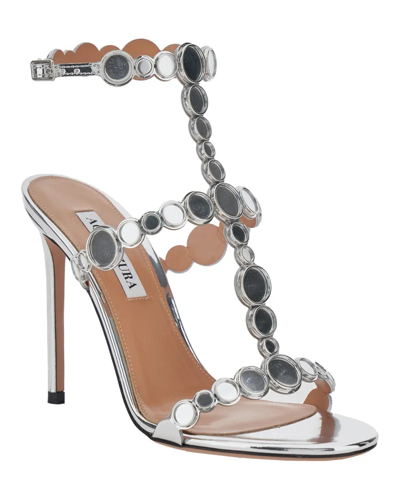 Aquazzura Women's Heeled Sandals Afterglow 105 Metallic Synthetic Leather Silver