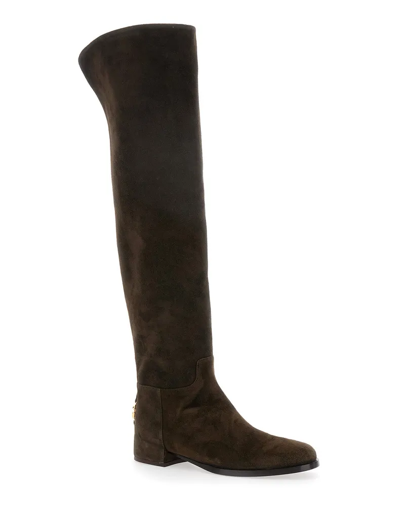 Dolce & Gabbana Women's Brown Knee-High Boots With Logo Plaque Lamb Brown