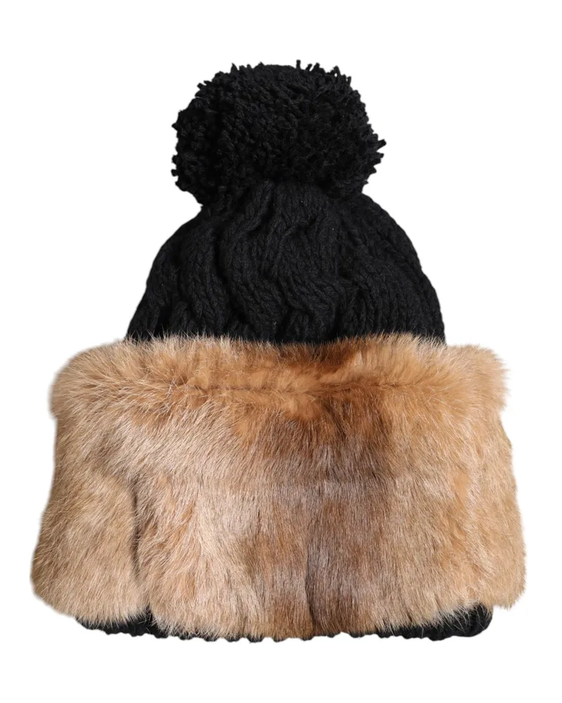 Dolce & Gabbana Women Black Brown Dyed Rabbit Real Fur Winter Beanie Hat And Virgin Wool Black