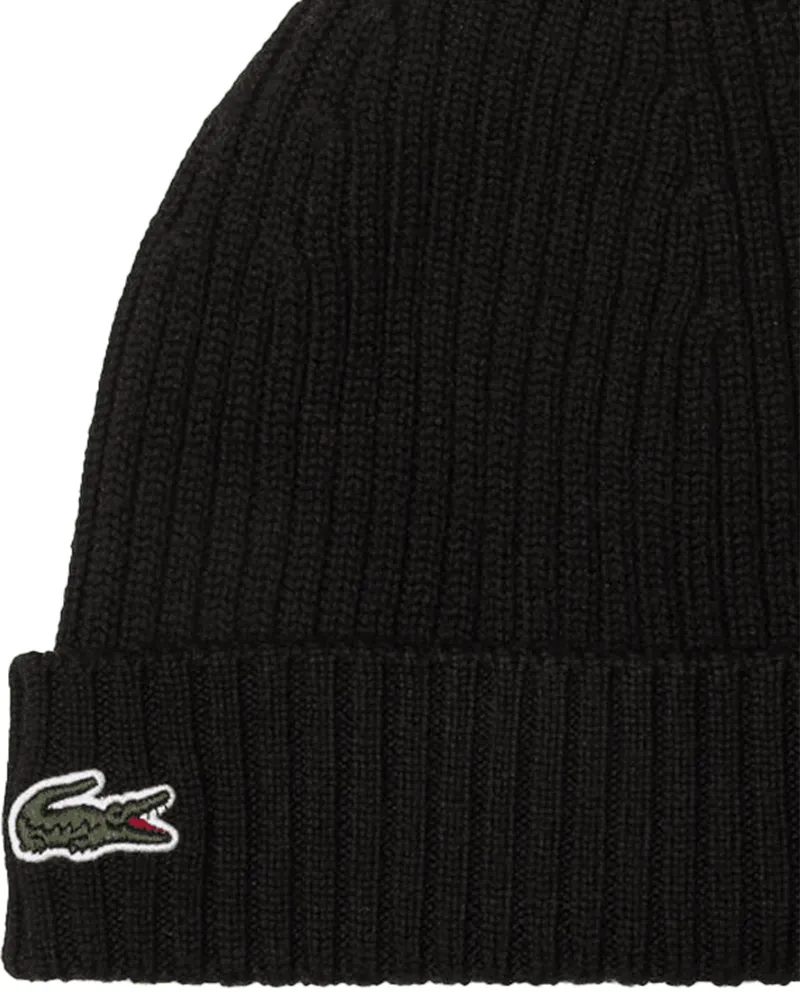 Lacoste Men's Ribbed Wool Beanie Hat Black Black