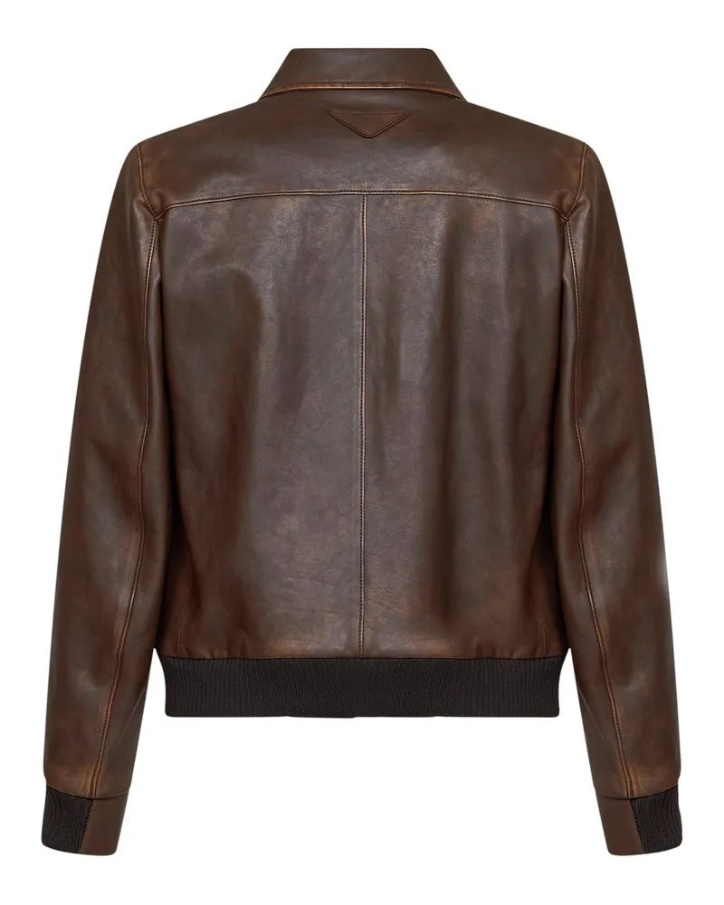 Prada Men's Leather Blouson Burnt Brown Calf Bomber Jackets Brown