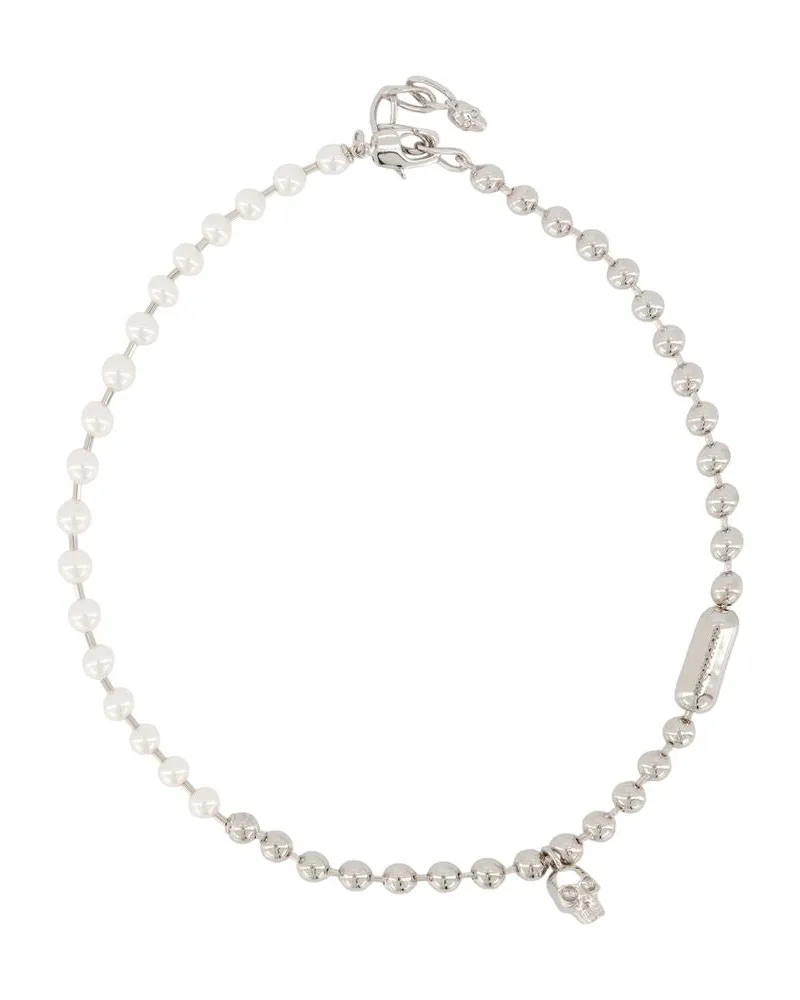 Alexander McQueen Men's Skl & Pearl Necklace Metal Silver Jewelry-Watches Necklaces Silver