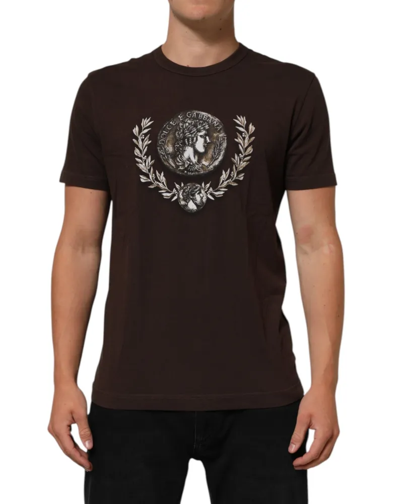 Dolce & Gabbana Brown Coin Laurel Print Men Crew Neck T-Shirt Cotton Brown