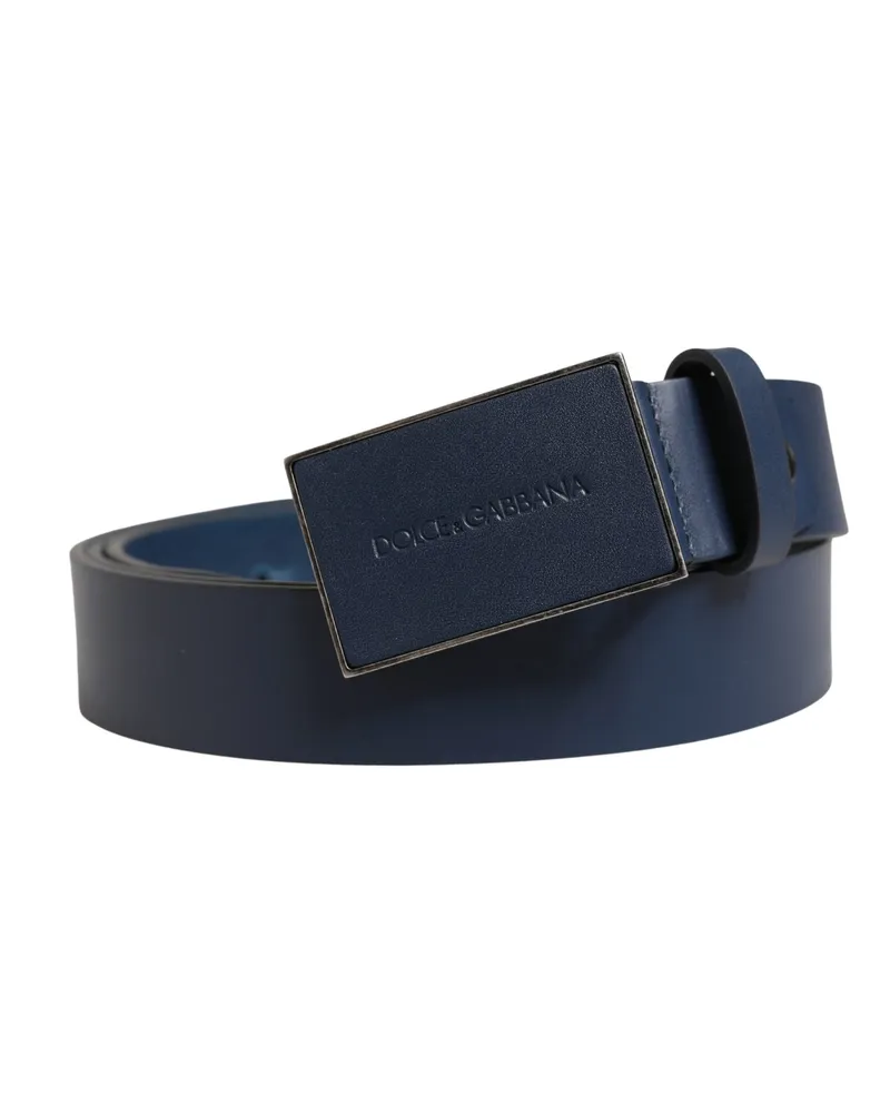 Dolce & Gabbana Men Blue Calf Leather Logo Metal Buckle Belt Blue