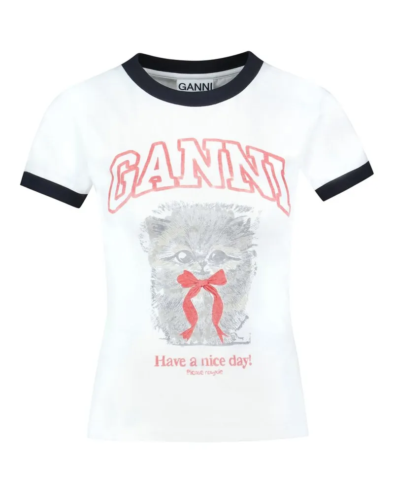 Ganni Women Margot Kitty Print T-Shirt -  Cotton White Concept-Store Ready-To-Wear White
