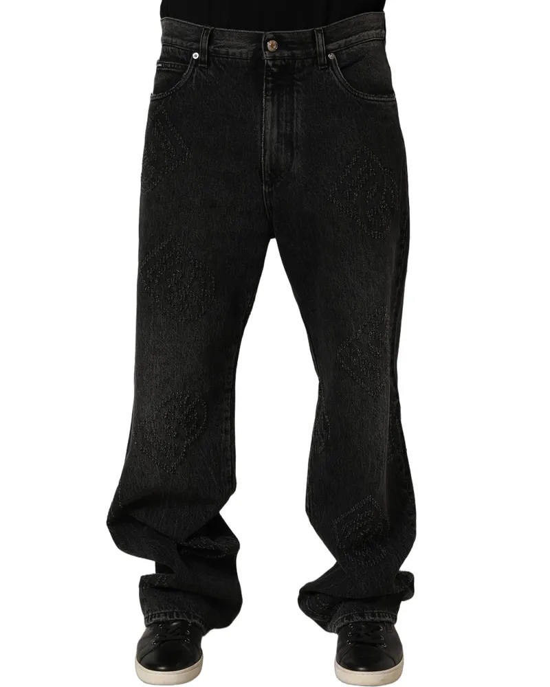 Dolce & Gabbana Wide-Leg Denim with Punched Cutout Motifs Jeans — Gray Gray