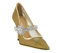 Crystal-Embellished Mesh Pump — Gold