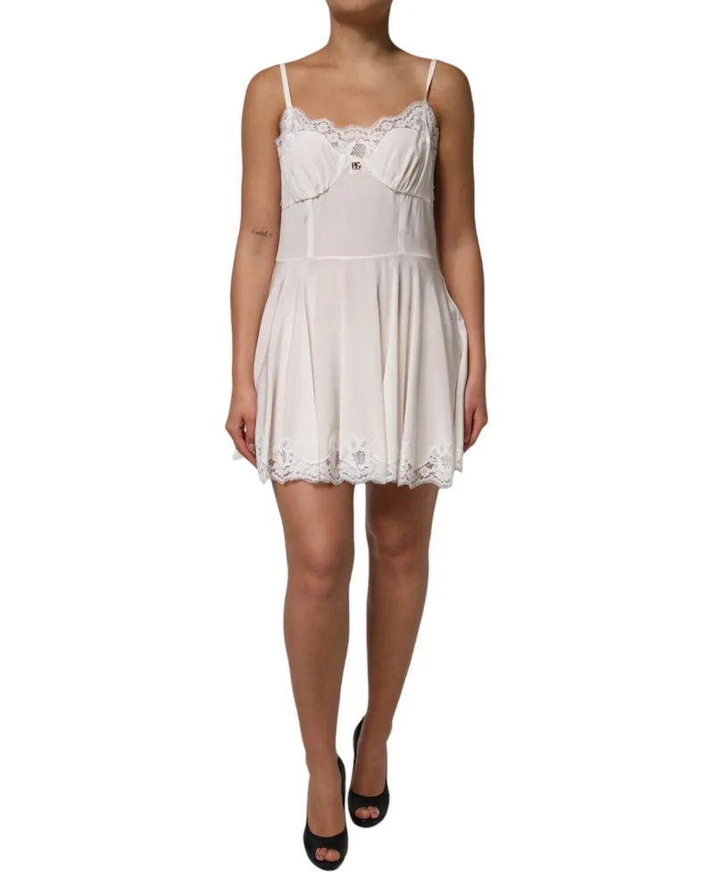 Dolce & Gabbana Women's White Lace Gold Dg Logo Silk Dress Sleepwear Cotton Nylon Elastane White