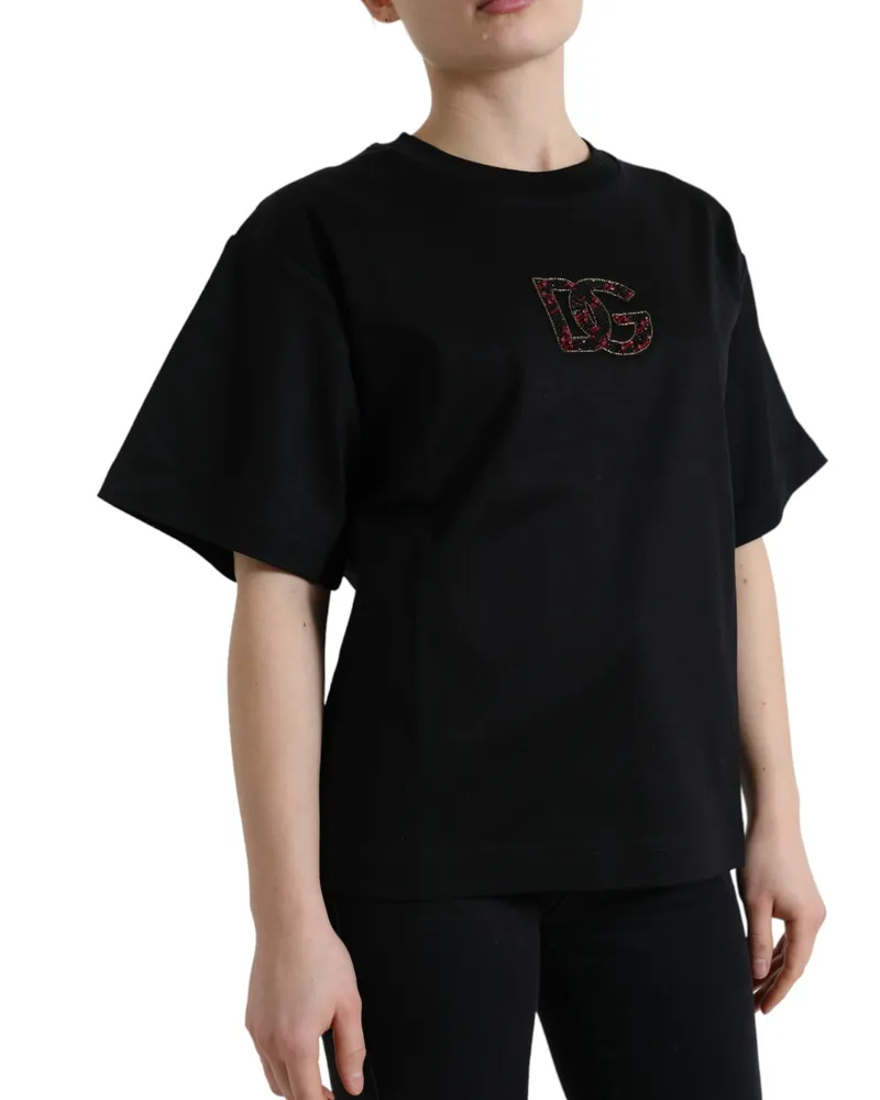 Dolce & Gabbana Women's Black Cotton Dg Crystal Crewneck Tee T-Shirt Black