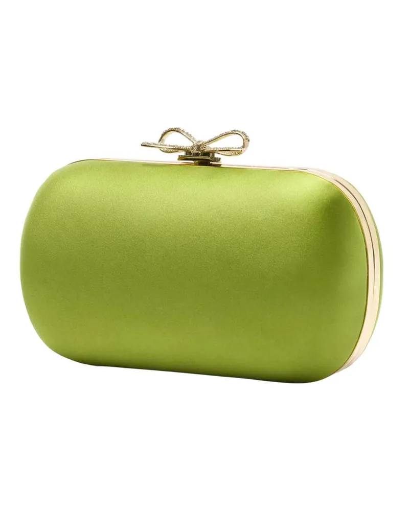 Self-Portrait Crystal-Bow Satin Clutch — Green Green