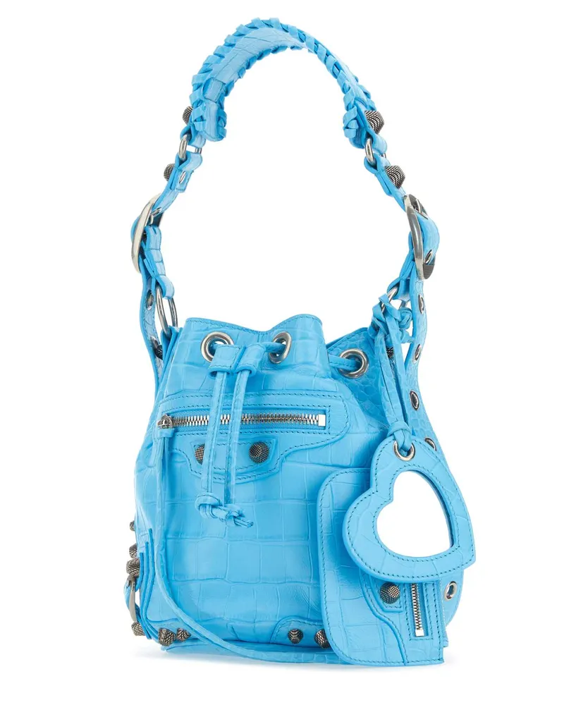Balenciaga Croc-Embossed Leather Bucket Bag — Blue Blue