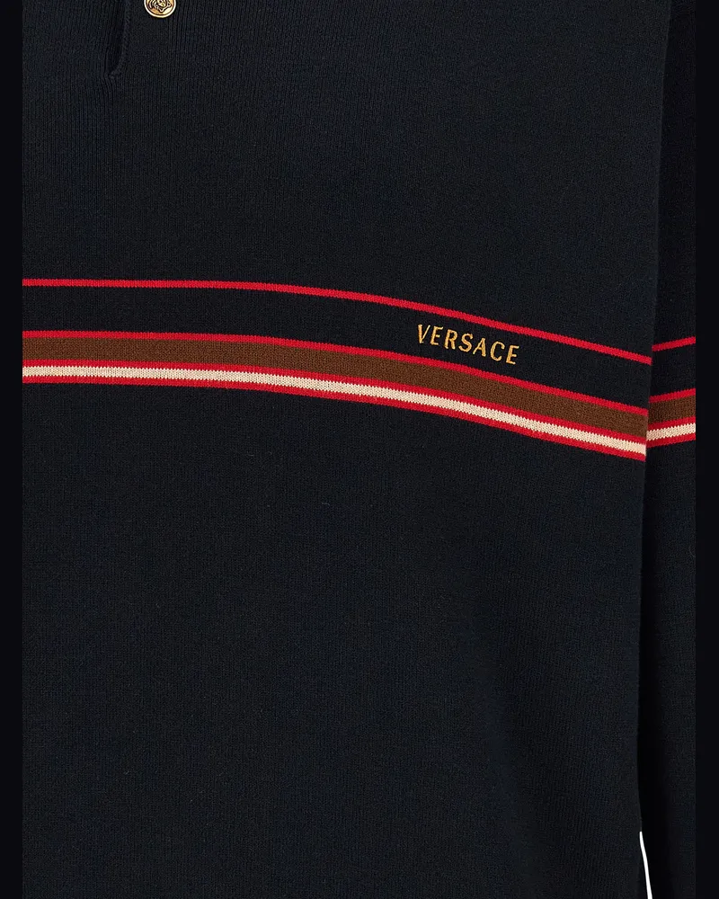 Versace Intarsia-Striped Cotton Polo Shirt — Navy Navy